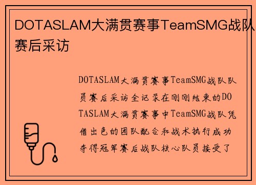 DOTASLAM大满贯赛事TeamSMG战队队员赛后采访