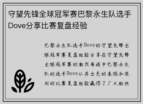 守望先锋全球冠军赛巴黎永生队选手Dove分享比赛复盘经验