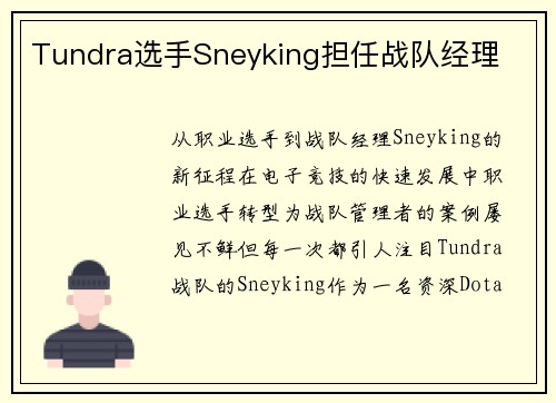 Tundra选手Sneyking担任战队经理