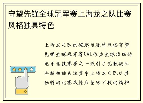 守望先锋全球冠军赛上海龙之队比赛风格独具特色